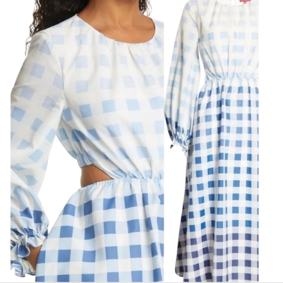 STAUD blanche blue white cottagecore ombre gingham check cutout midi dress small - Picture 4 of 15